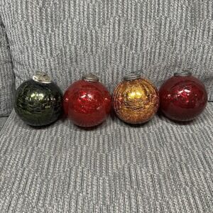 Set/4 Vintage KUGEL Style 4" Crackle Mercury Glass Christmas Ornaments Red Green